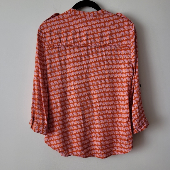 A.N.A. A New Approach Long Sleeve Blouse Orange + Pink Elephants Pleated Front - Picture 14 of 15